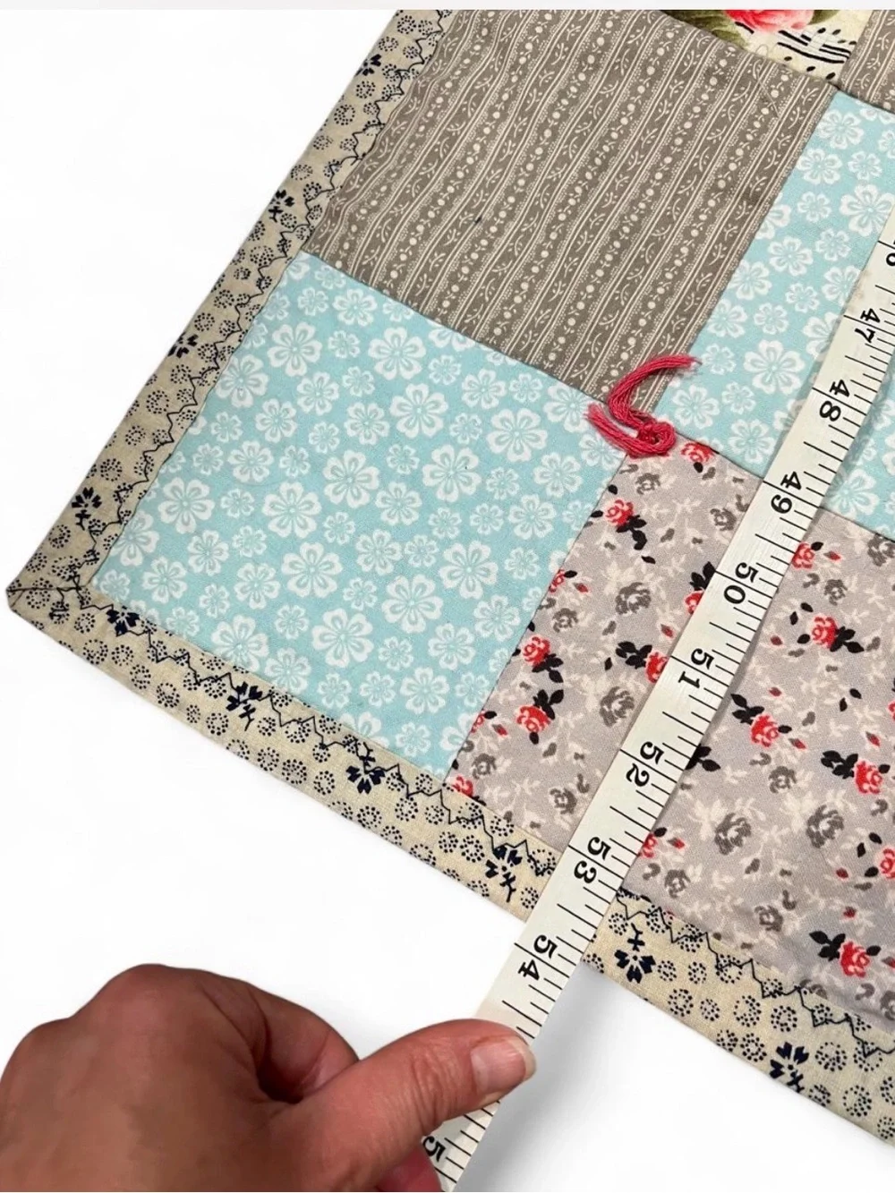 Handmade Patchwork Quilt Throw in Coral, Blue, Gray and Floral
